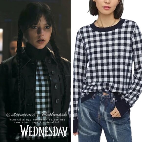 J. Crew Navy Cashmere Gingham Sweater ASO Wednesday Addams - Picture 1 of 13